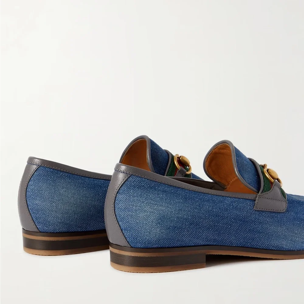 Gucci Blue Denim Horsebit Loafers with Green and Red Web